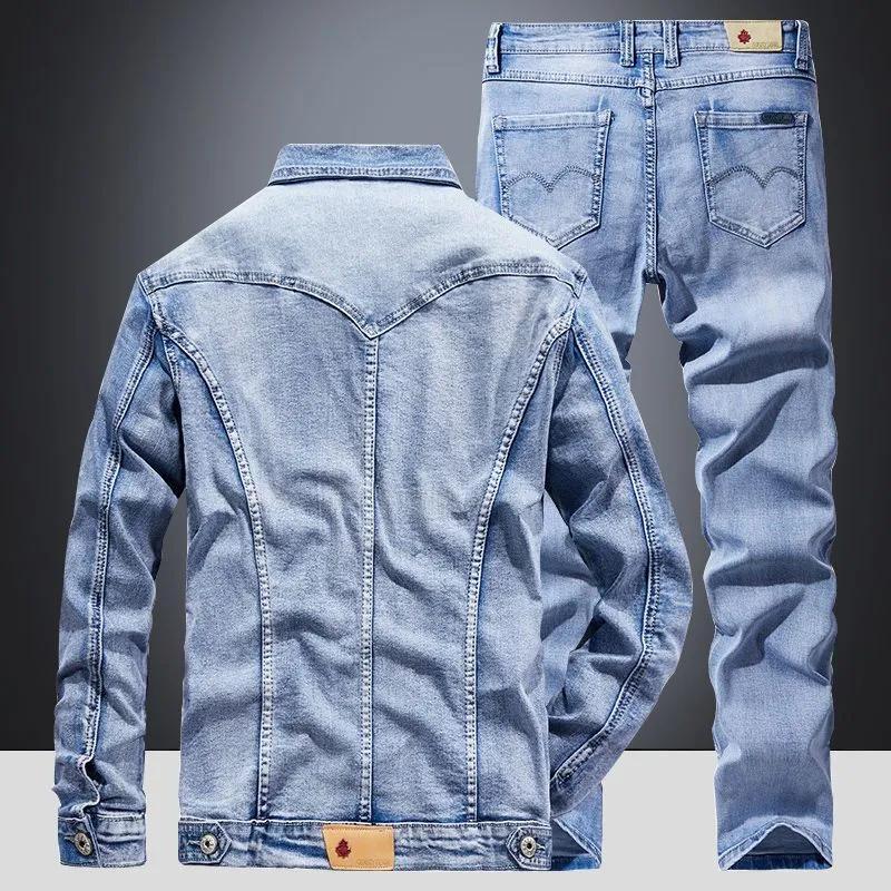 Men's Spring and Fall Denim Suit Wear-resistant Breathable Suit Denim Jacket + Jeans 2-piece Set