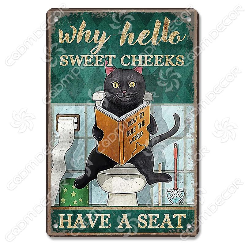 Black Cat Tin Sign Metal Plaque Read Books Drink Wine Pet Metal Poster Vintage Wall Decor for Coffee Shop Kitchen Bathroom Home