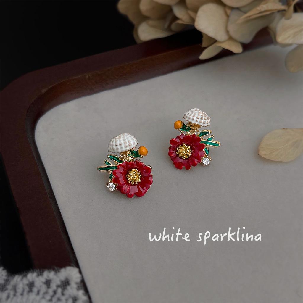 Artistic breath drip glaze flower stud earrings French oil painting feeling gentle and elegant red flower design feeling ear jewelry