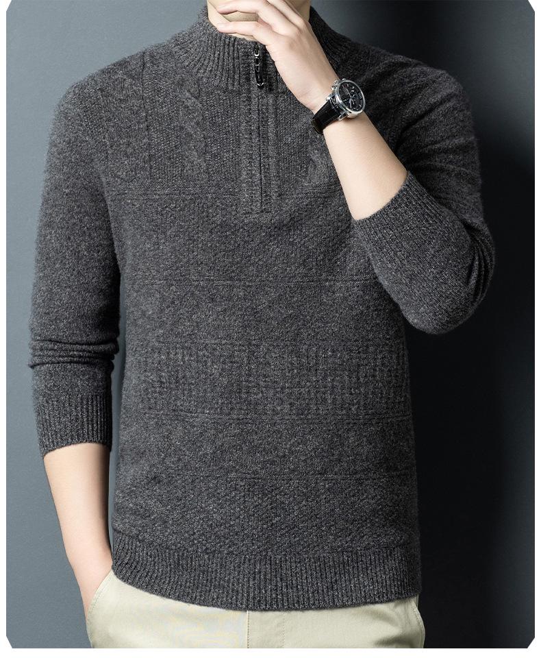 Herren-Strickpullover aus reiner Wolle, dick, für Herbst & Winter, mit halbem Reißverschluss