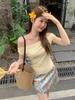 Pure Desire One-word Shoulder Swing Collar Design Short-sleeved T-shirt Women's Summer New Milk Yellow Pleated Waist Spice Girl Sleeveless Top