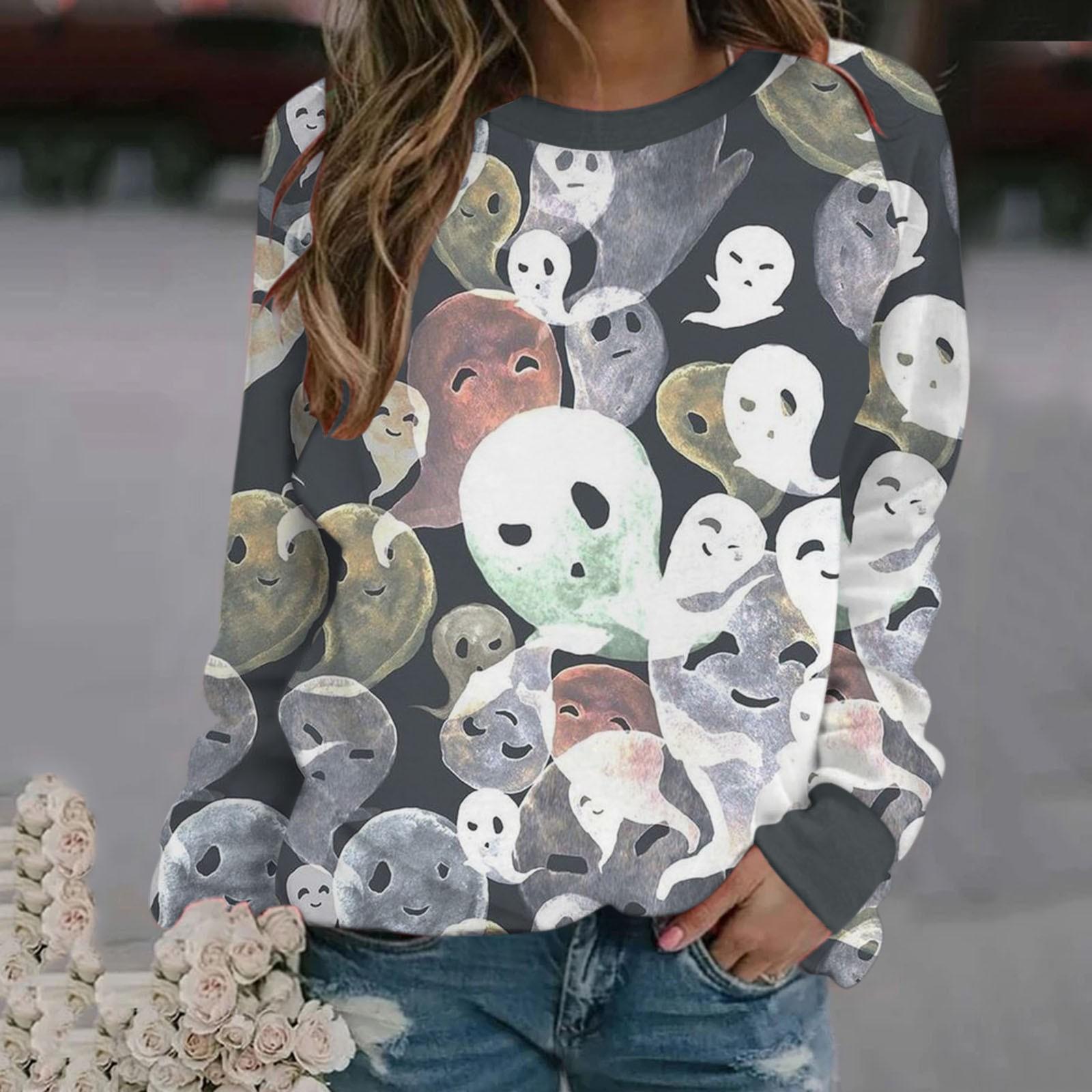 

Women s Imitation Cotton Fashion Halloween Print Pattern Long-Sleeved T-shirt XXL