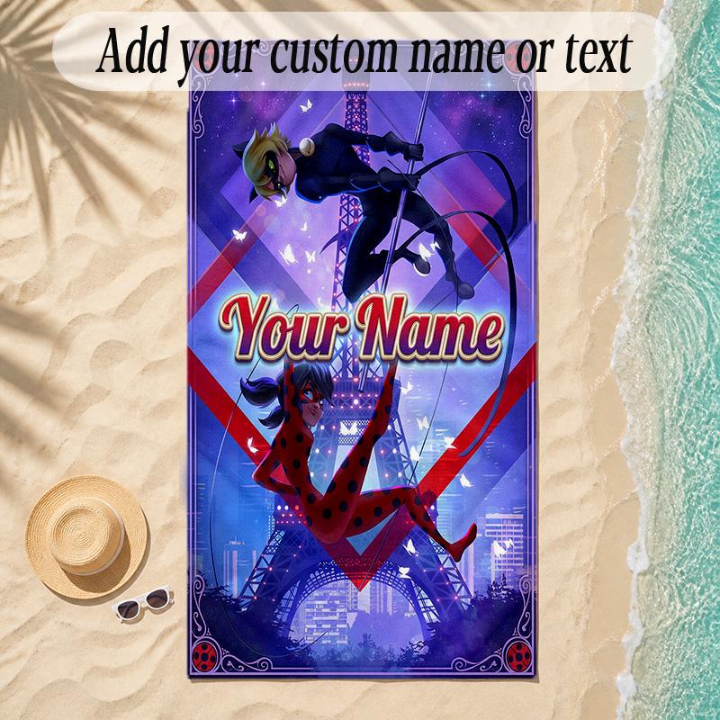 Beach TowelMiraculous Ladybug Custom Name Text Personalized Soft Towel for Beach Pool Indoor Home Decor Gift