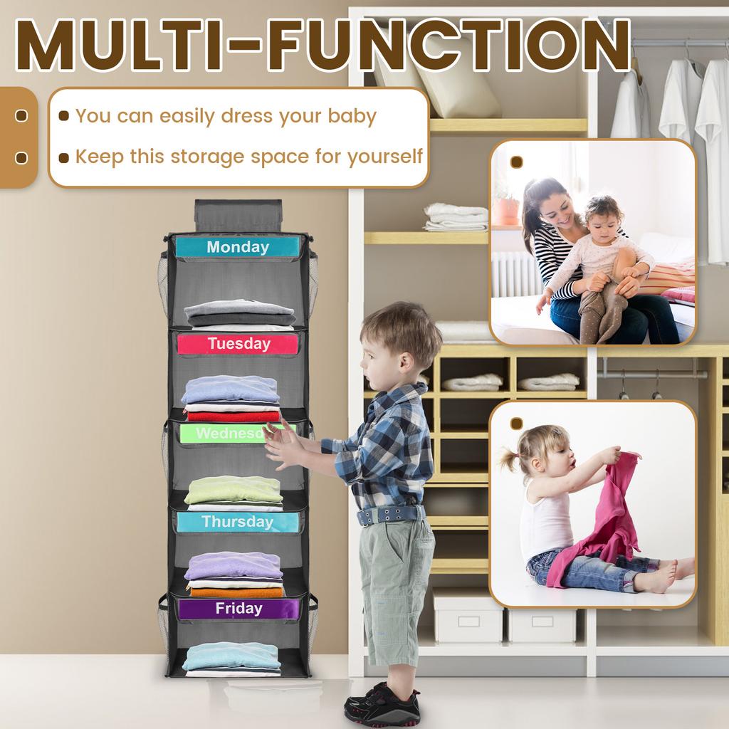 5-Shelf Weekly Clothes Organizer Kids Daily Shelf Hanging Closet Organizer Days of The Week Hanging Storage Shelves for Kids