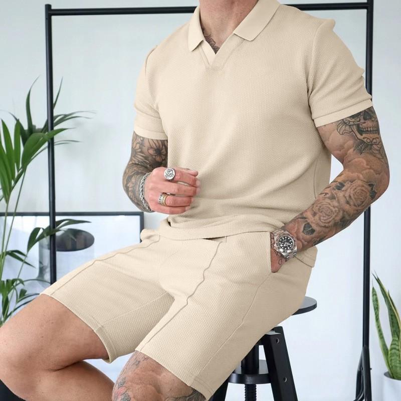 New Summer V-neck Short-sleeved Shorts Two-piece Set with Turn-down Collar Polo Shirt for Men