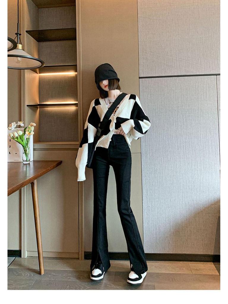 Women's High-Waist Retro Slit Denim Jeans - Petite Skinny Cropped Flare for Autumn/Winter 2022