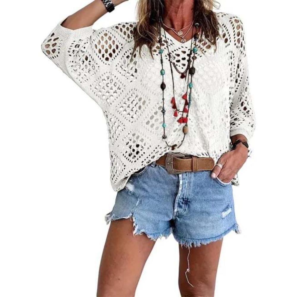 Women Spring Summer V-neck Diamond Hollow Out Batwing Sleeve Knit Sweater Loose Cover Up Blouse
