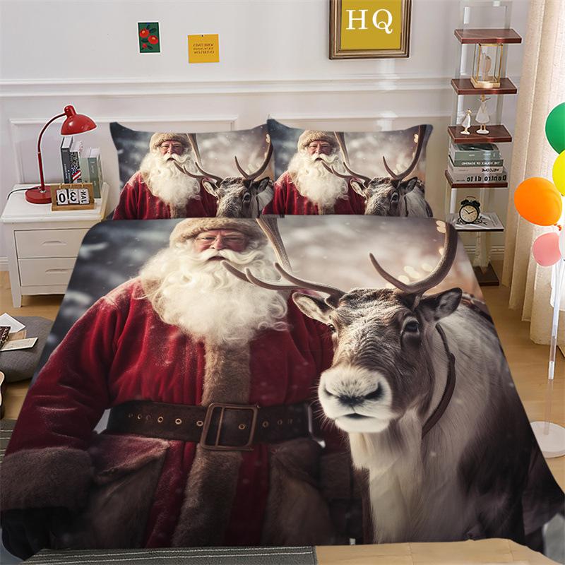 Jultomte Älg 3D-printad Polyester Kuddfodral Täcke Överdrag Två Eller Tre Delars Set