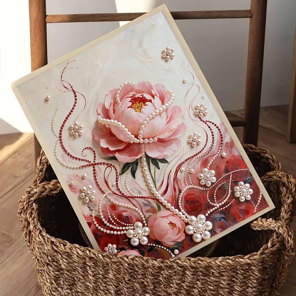 Crystal Pearl Painting 5D DIY Frame Decoration Painting Red Flower Home Wall Decoration Transparent Pearl Gemstone Painting Picture Art Crafts