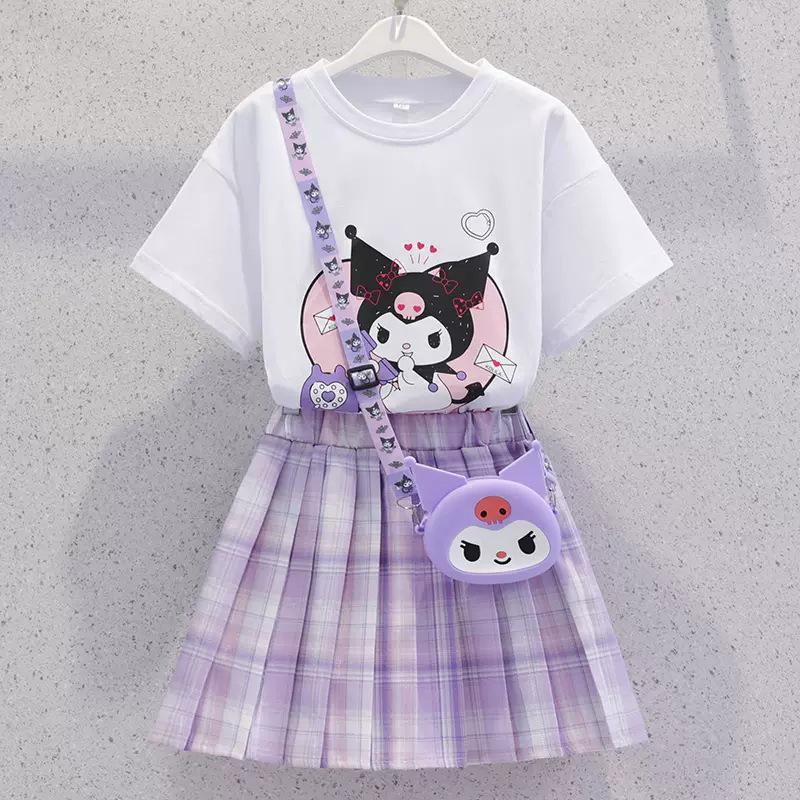 Girls' 2024 Summer JK Style Skirt Set: Korean Cartoon Top with Pleated Skirt Two-Piece Trendy Outfit