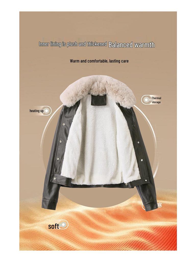 Damen Retro Winter Lederjacke mit abnehmbarem Fellkragen und Fleecefutter