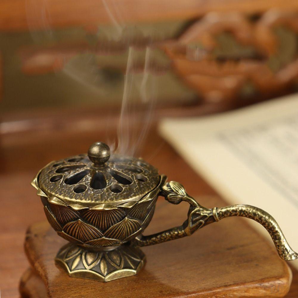 Home Vintage Ornaments Alloy Lotus Hand Stove Small With Cover Brass Incense Holder Retro Copper Hollow Out Incense Burner Patio