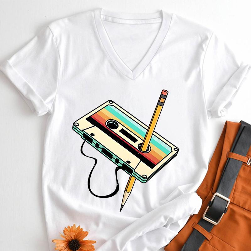 Vintage 80s Cassette Tape Pencil Print T Shirt Summer New Women Classics VNeck Tshirts Retro Throwback Music Lover Gift Tshirt