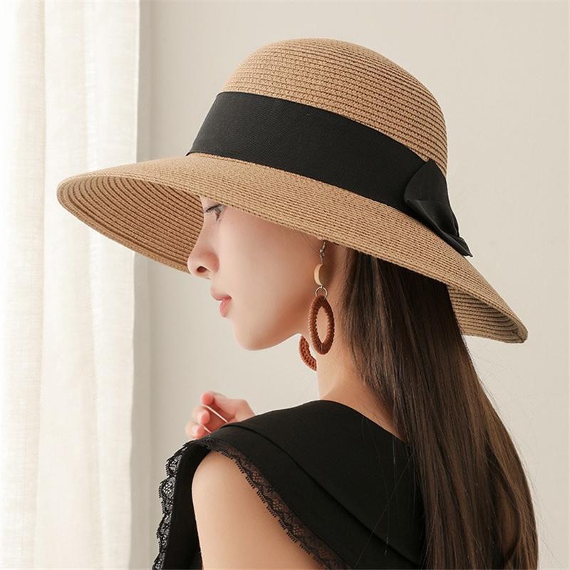 Large Eave Straw Hat for Woman Black Bow Tie EdgeSunscreen able Beach Hat Outdoor Seaside  Vacation Fashionable and Elegent