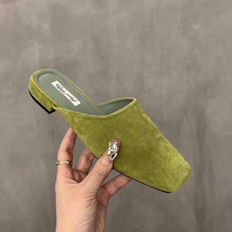 

Модные женские туфли SUOJIALUN 2024 Осень, балетки, модные туфли-мюли слипоны с круглым носком, мягкий плоский каблук, уличные повседневные туфли-сандалии для платья 40 зелёный
