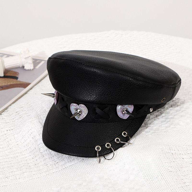 Punk Dunkle Nieten Leder Schiebermütze Y2k Marine Hut Trendige Hüte für Damen
