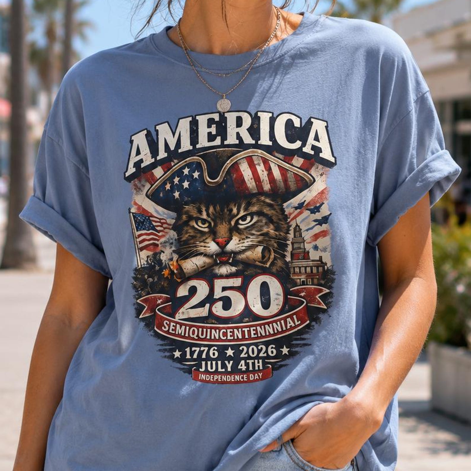 America 250 Cat T-Shirt, July 4th 2026 Shirt, Semiquincentennial Cat Tee, Independence Day Cat Shirt, Patriotic Cat Gift M