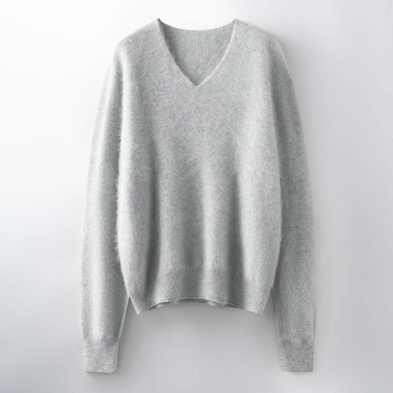 V-Neck Wool Cashmere Loose Brushed Sweater - Solid Color, Versatile, and Skin-Friendly Knitwear