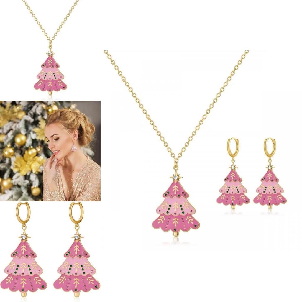 Charming Geometric Pink Christmas Tree Earrings And Necklace For Trendy Winter Fashion