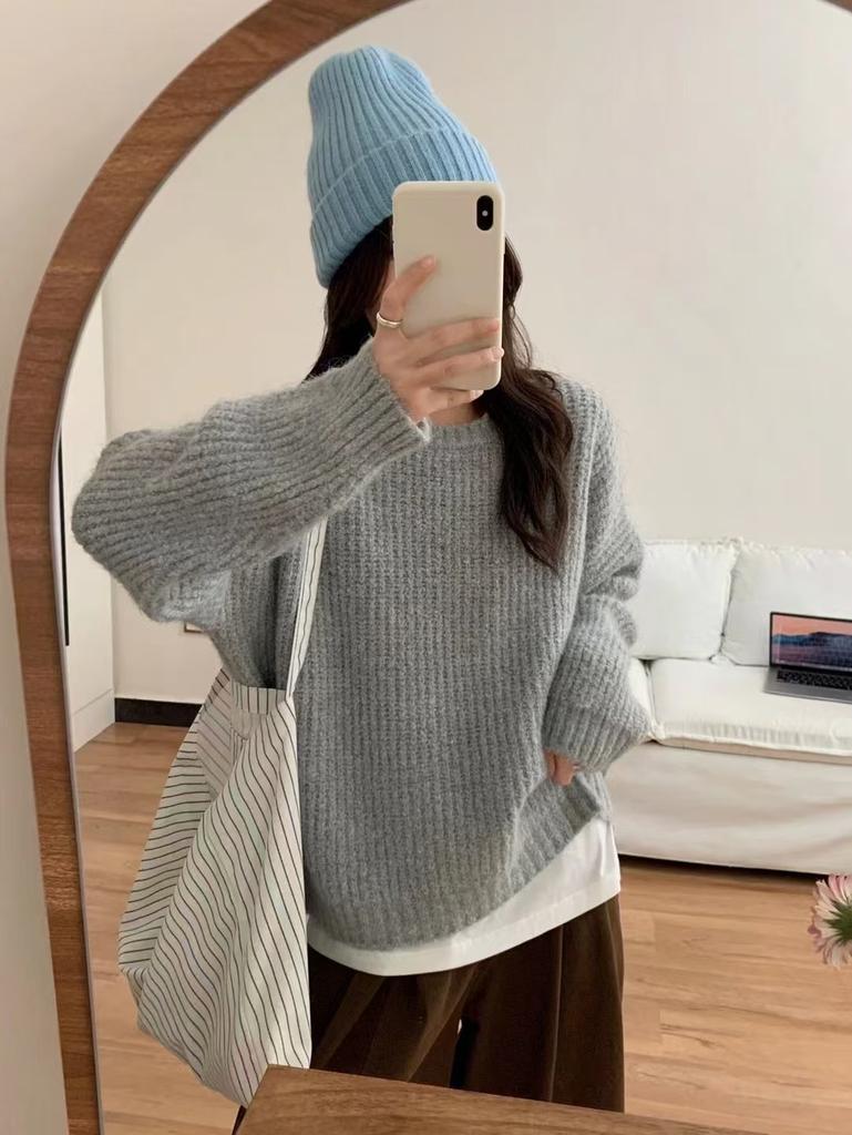 Thickened handmade stick needle alpaca wool lazy loose beige round neck pullover sweater women's autumn and winter new sweater
