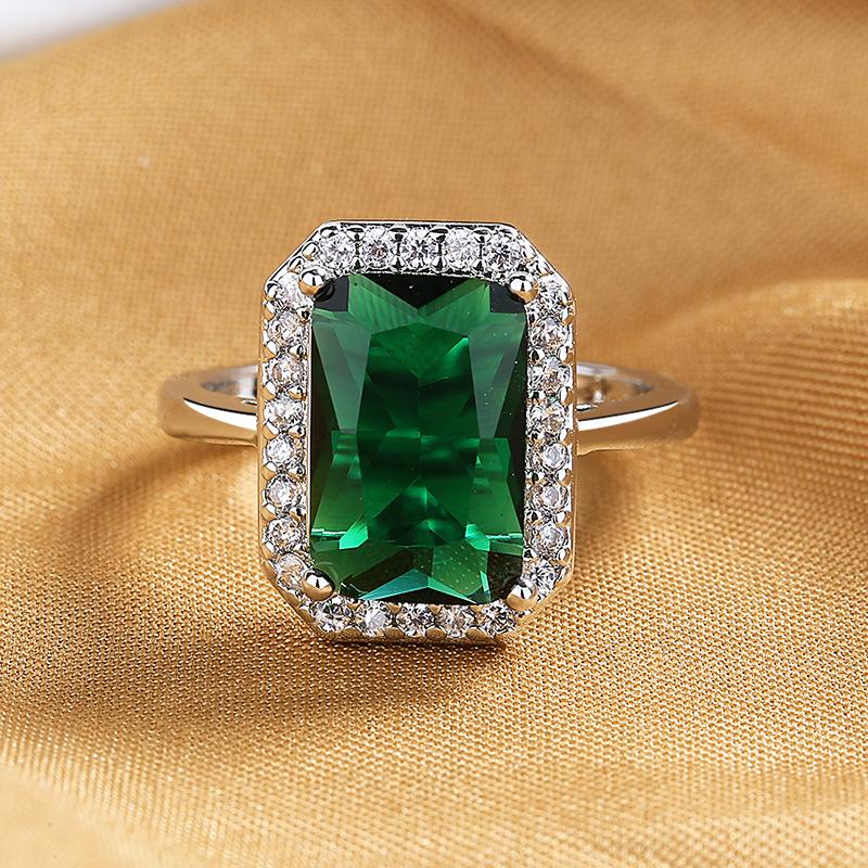 Retro Rectangular Sea Blue Full Diamond Colored Treasure Open Ring Women'S High Sense Light Luxury Ring Copper Jewelry