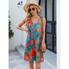 Summer Spring Printed Strapless Casual Loose Knee-Length Dress Sleeveless V-Neck Polyester Fiber Wide Waist Gown Dress