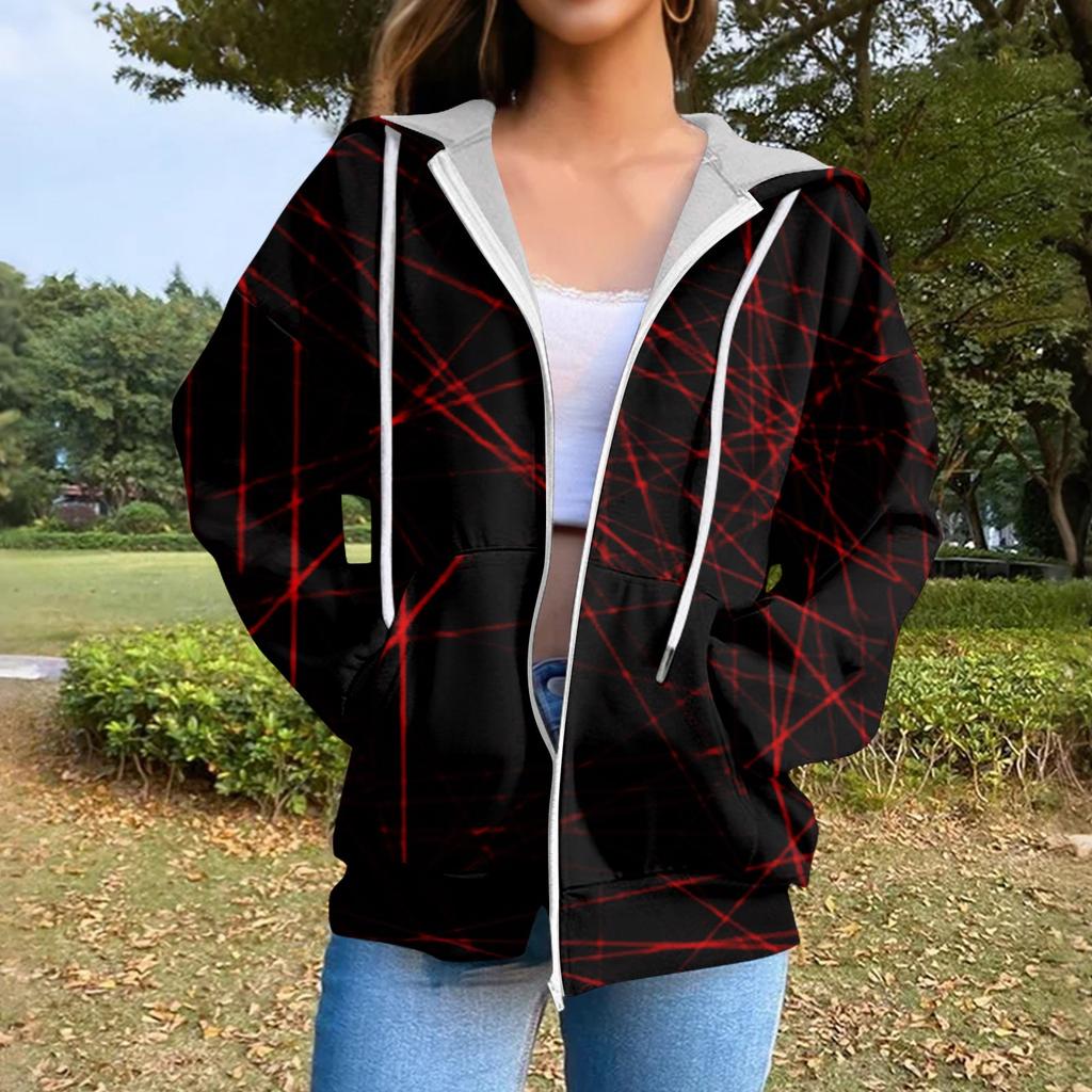 Sweat-shirt à capuche décontracté pour femme à manches longues avec fermeture éclair et cordon de serrage imprimé