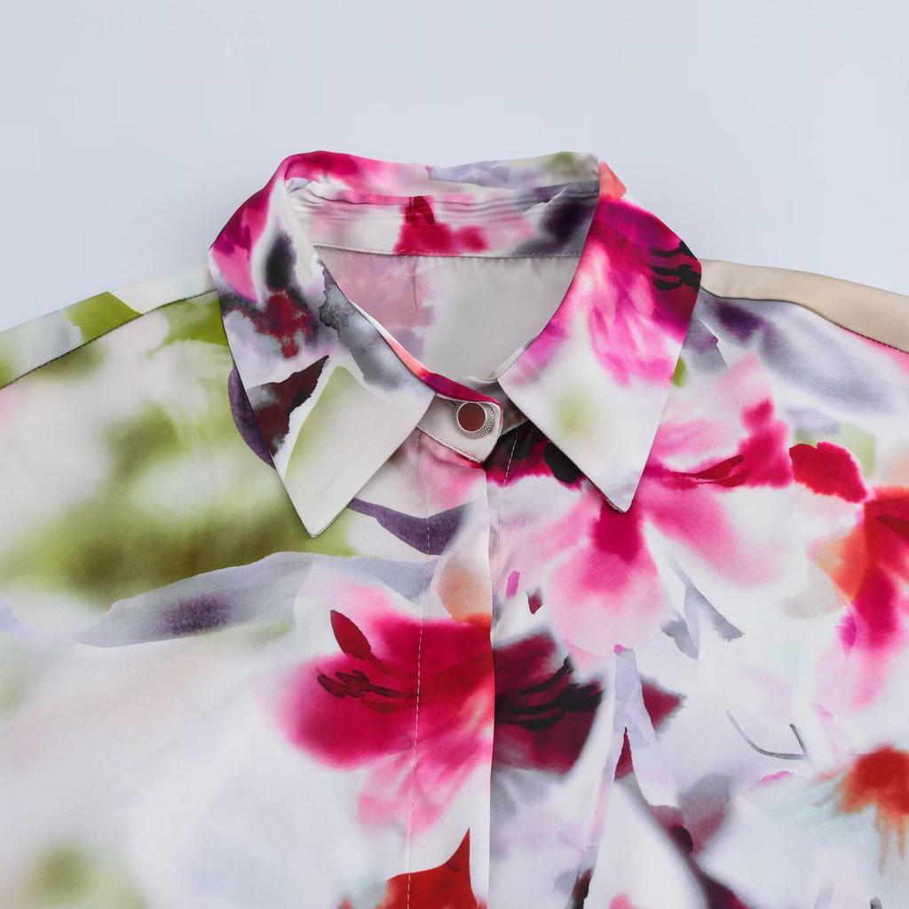 Spring 2025 Floral Print Satin Shirt for Women: Elegant, Casual, Lapel Design