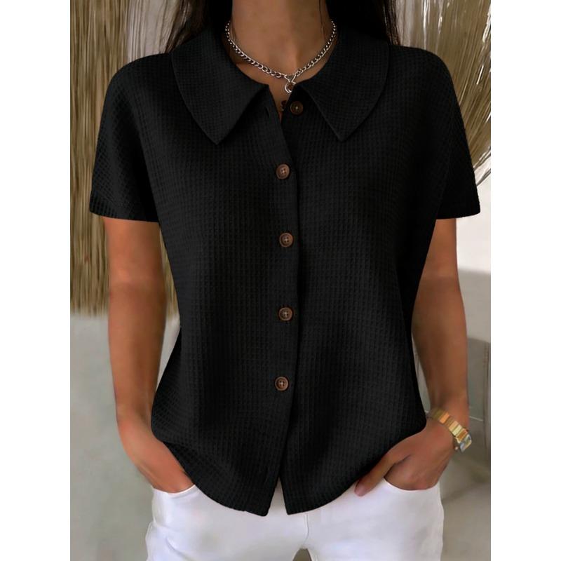 Womens Solid Waffle Lapel Casual Short Sleeve Button Shirt