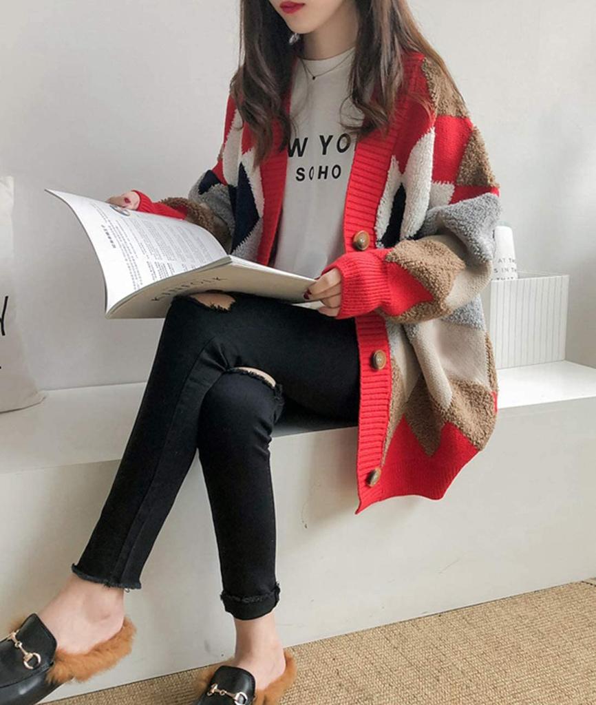 Henri Fluffy Argyle Thick Warm and One Size Fits Korean Short Long Long Sleeve Adult Down Lightweight Boa Long School Cardigan, Outerwear,