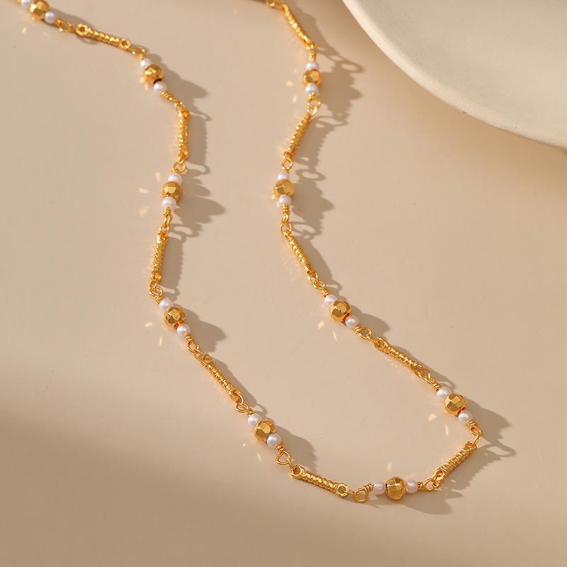 K Gold Plated Metal Texture Fortune Bead Short Necklace For Women