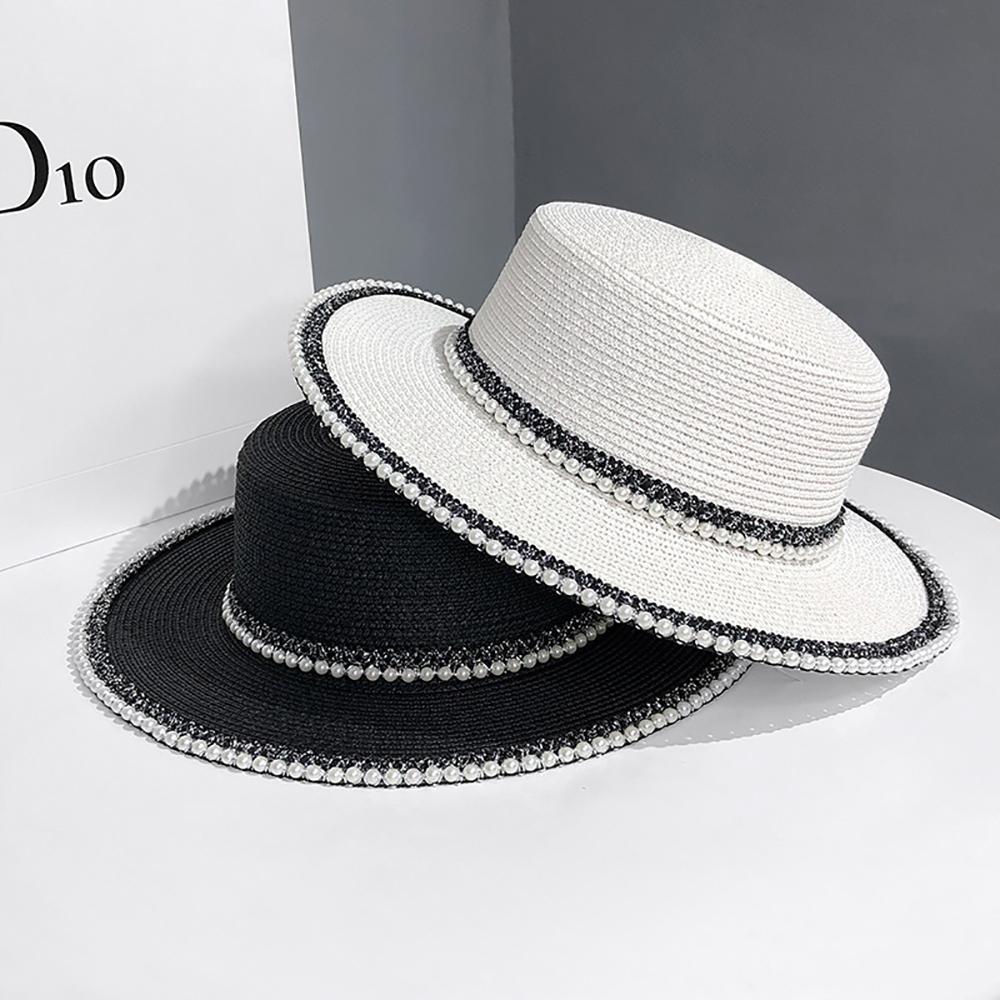 Freedom Outdoors Women's Black Summer Big Brim Sun Hat French Fisherman Cap Fashion Pearl Chain Flat Cap Sunshade Sunscreen Straw Hats Cm