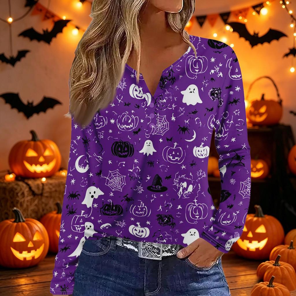 Womens Casual Halloween Print V Neck Long Sleeve Button Detail Top Lightweight Stretchy Fabric Comfortable Fit