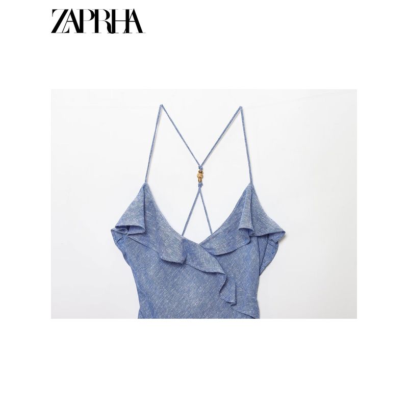 Zaprha 2025 New Arrival Seaside Holiday Style Linen Blend Laminated Decoration Sling Dress 7953757