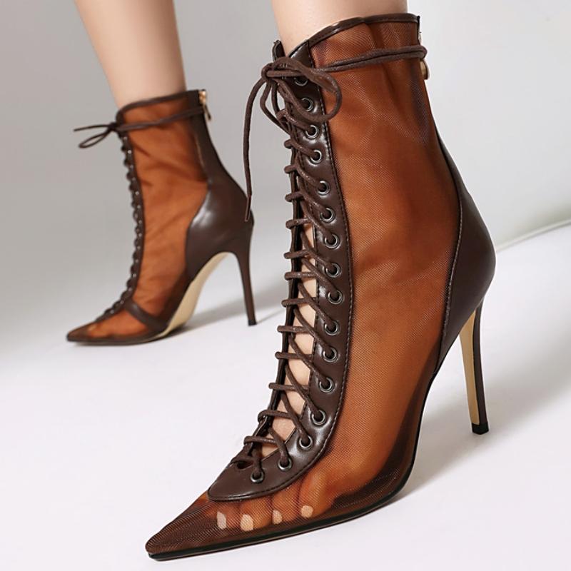 Sexy Lace Ankle Boots for Women Black White Short Dance Jazz Boot Point Toe High Heel Party Shoes Lady Big Size 45 2025 Summer