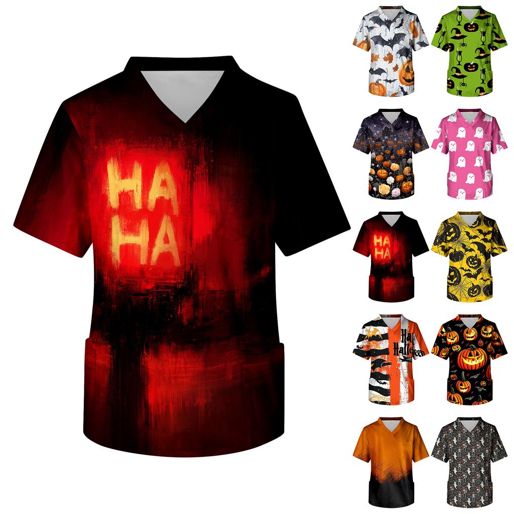 Men's Short Sleeve V Neck Halloween Print Medical Scrub Top with Chest Pocket Comfortable Fit Workwear for Healthcare Professionals