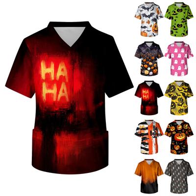 Men's Short Sleeve V Neck Halloween Print Medical Scrub Top with Chest Pocket Comfortable Fit Workwear for Healthcare Professionals