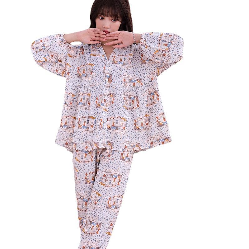 Spring and Summer Thin Pajamas Women's New Button Cardigan Rayon Long-sleeved Trousers Pajamas Set V-neck Korean Version
