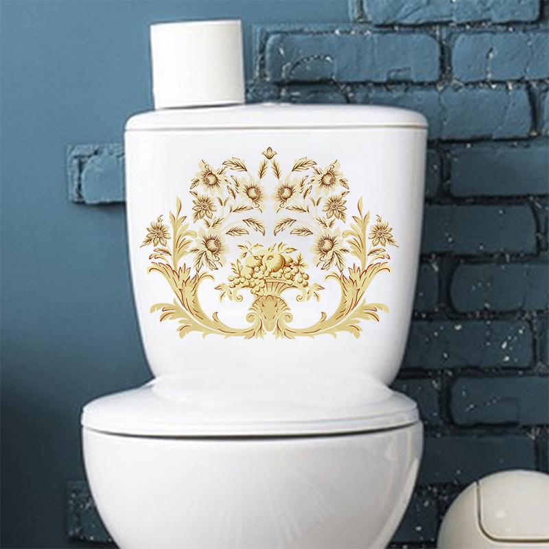 Bathroom Toilet Stickers Modern Minimalist Golden Flowers Pattern Self-adhesive Paintings For Bathroom Living Decorations
