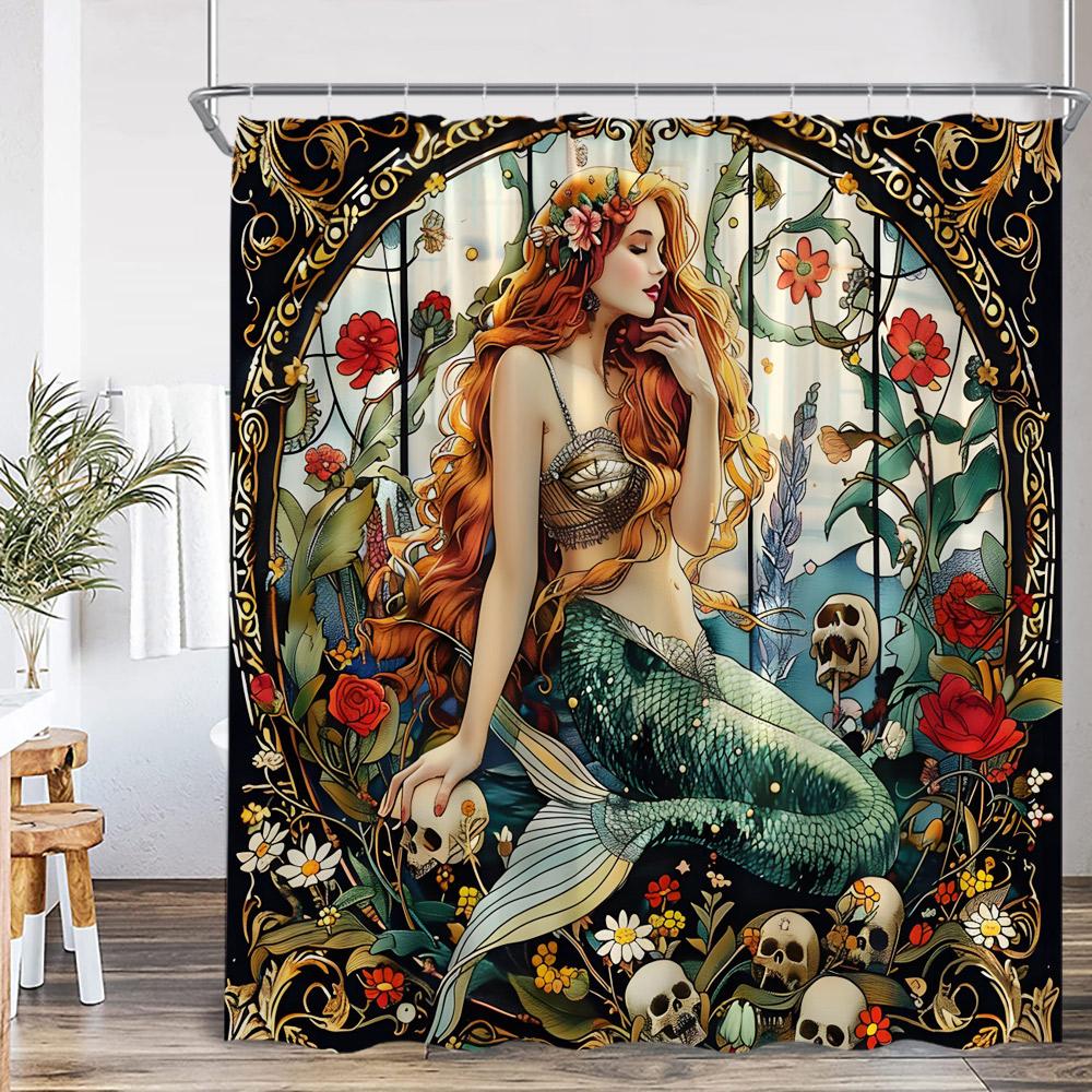 Mermaid Shower Curtain Beautiful Merpeople Scale Flower Beauty Vintage Bath Curtain Woman Girl Polyester Bath Curtain with Hook