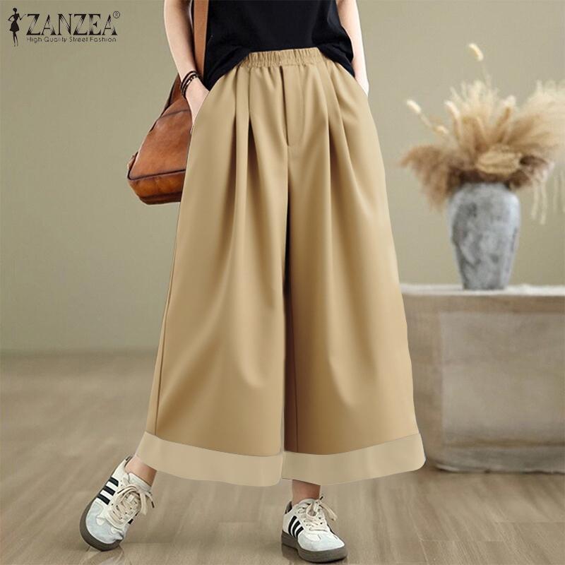 ZANZEA Women Casual Elastic Waist Loose Wide Leg Cropped Pants