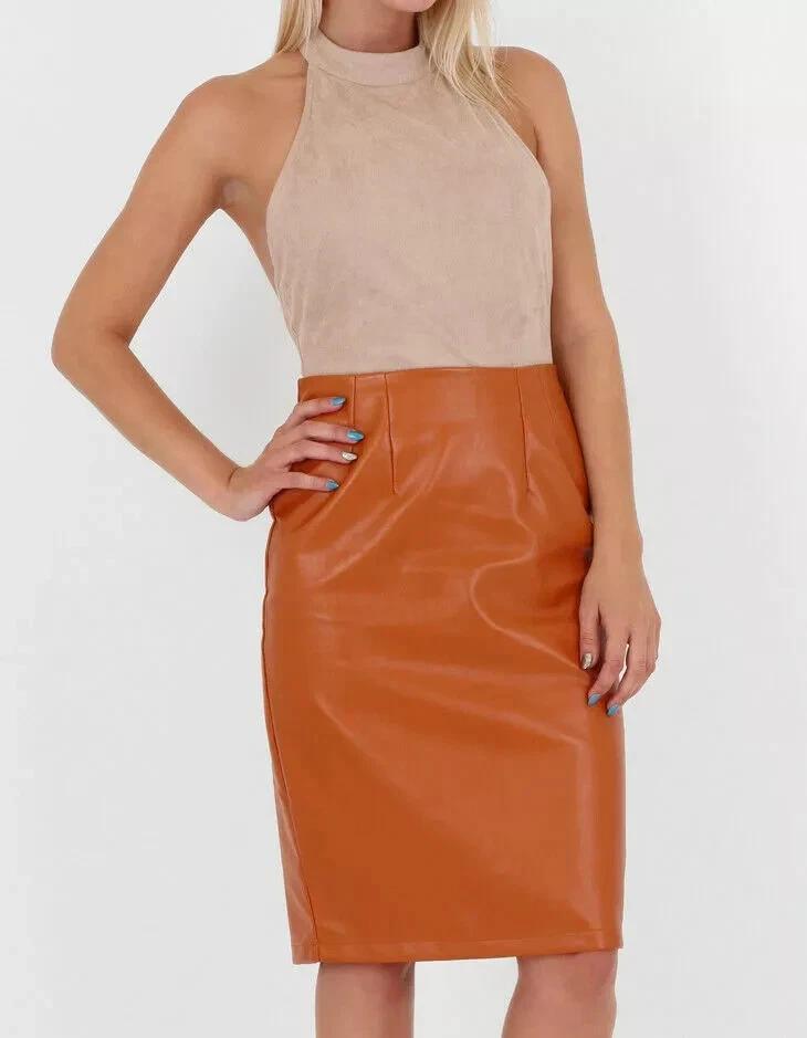 Women's Pure Skirt Party Handmade Lambskin Knee Length Genuine Tan Leather Stylish