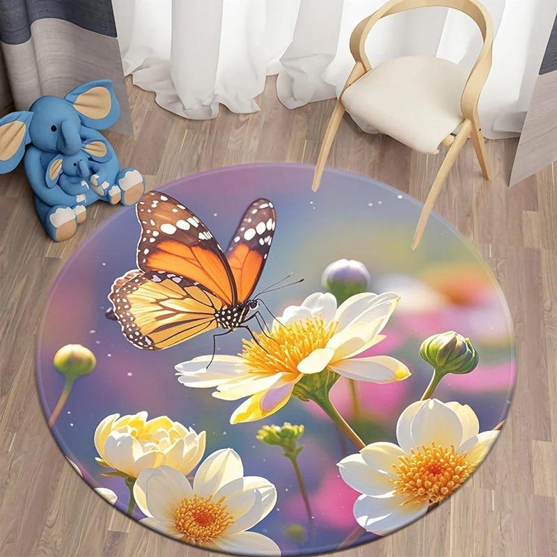 Dense Floral Butterfly Round Soft Non-Slip Art Rug Bohemian Living Room Minimalist Decor Rug