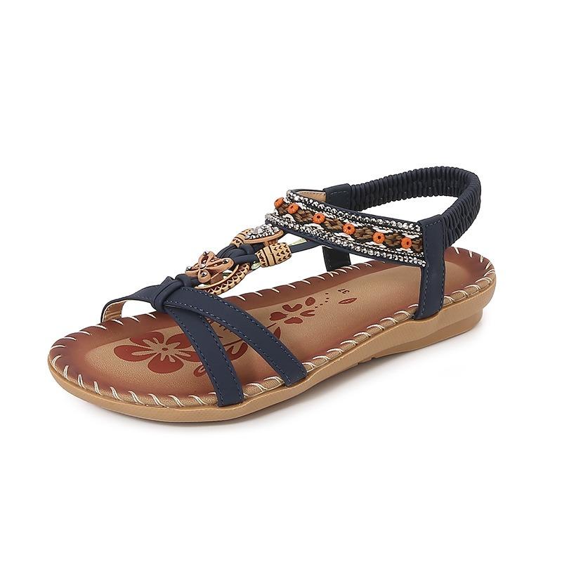 Women Bohemian Beaded Flat Sandals Ethnic Style Elastic Back Strap Sandals
