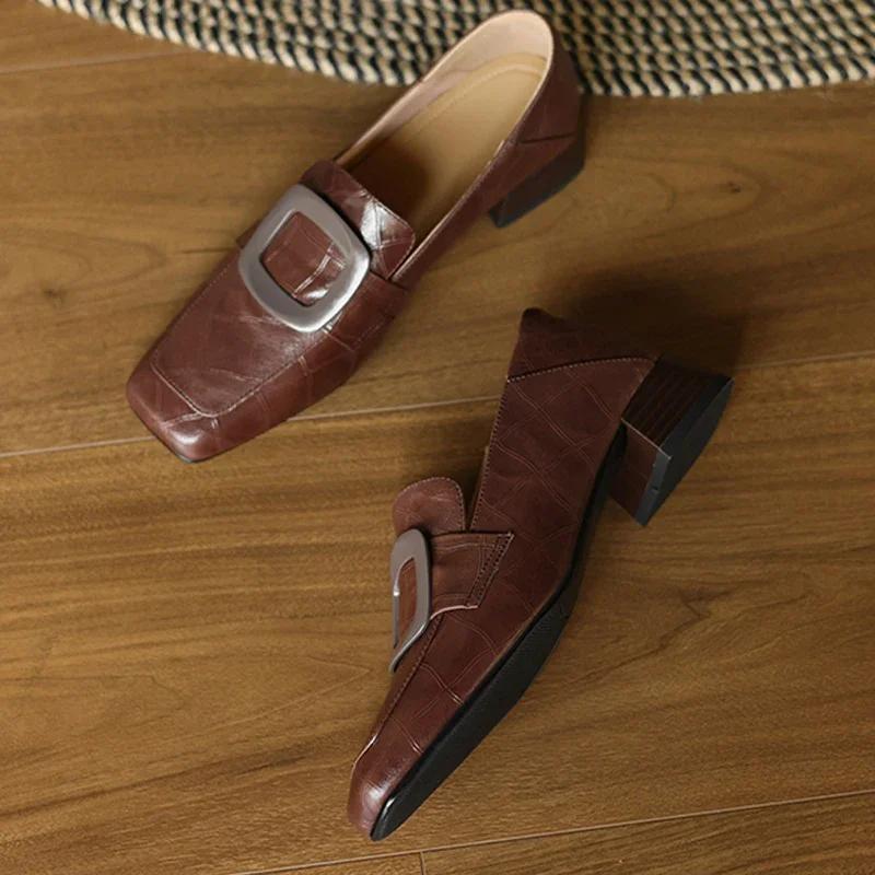 Fashion Chunky Woman Leather Shoes Square Toe Dress Office Loafers Shoes Woman Trend Designer New Elegant Heels Shoes Female Pumps