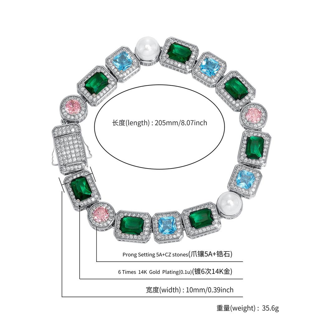 Stylish Colorful Square Rock Sugar Chain 10Mm Full Of Sparkling Zircon Pearl Bracelet Hip Hop Necklace