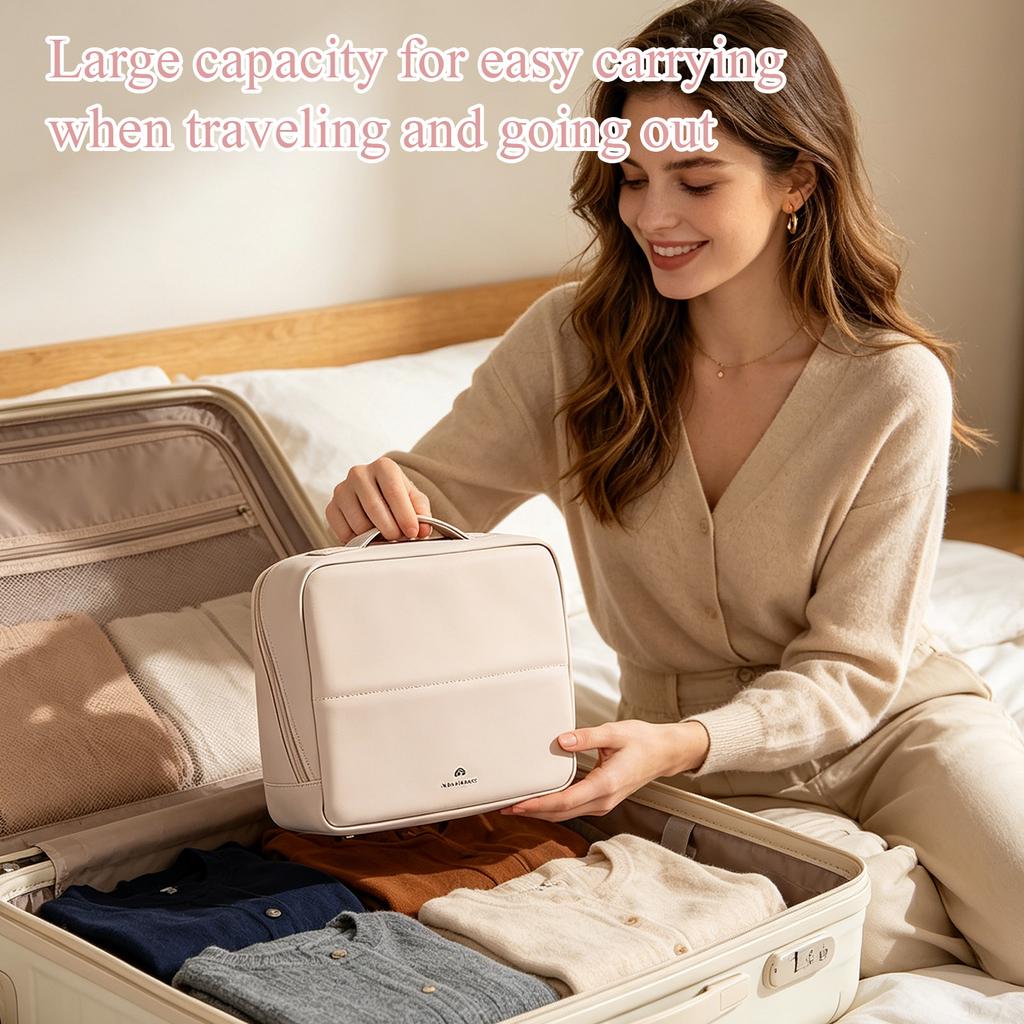 PU Leather Vertical Cosmetic Bag with Handle - Large Capacity Travel Toiletry Case