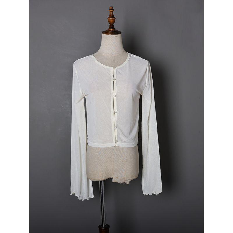 

Summer 2024 Tulle Single-Breasted Cardigan Long Sleeves Cardigan Minimalist Pure Color All-Match Commute Bell Sleeve Overclothes Tide Black L