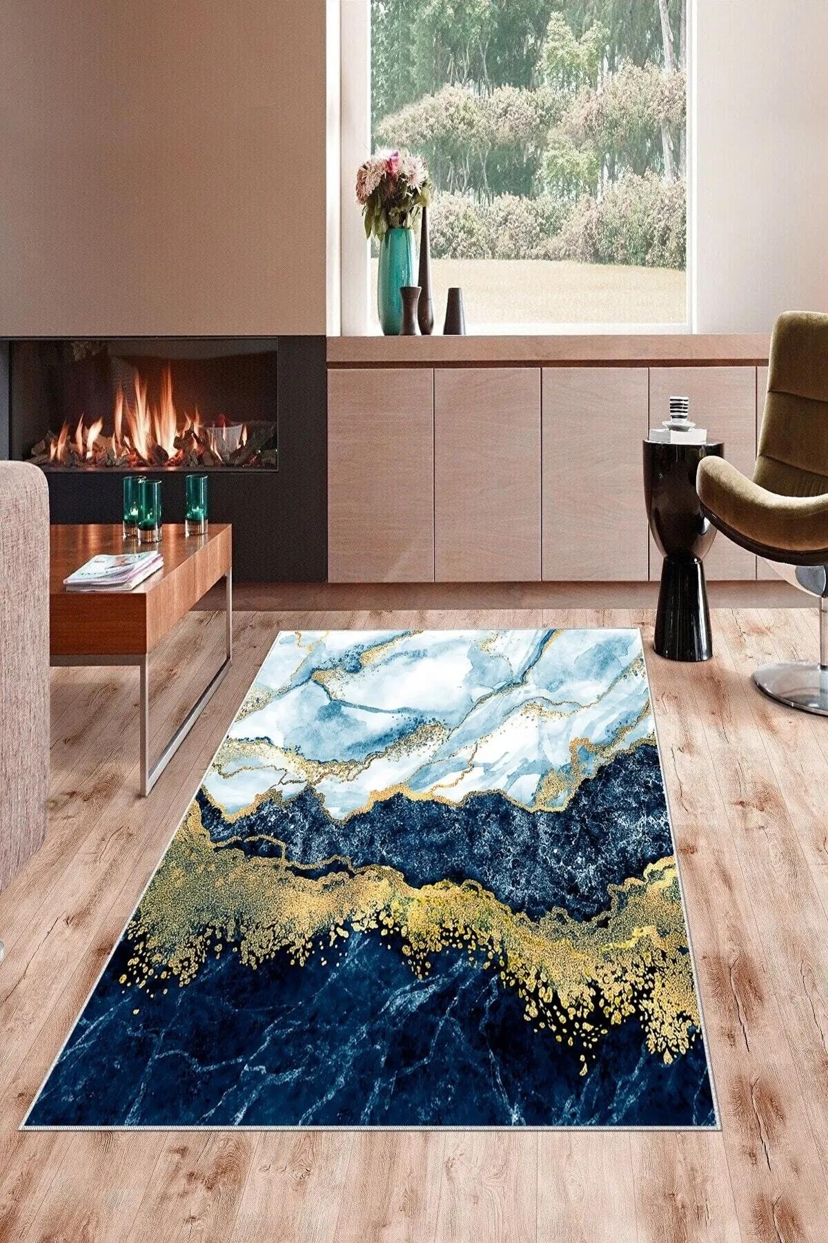 

EPeddler Домашний декоративный синий мраморный узор с цифровой печатью Моющаяся нескользящая точечная основа Новое поколение ковров для гостиной, кухни, прихожей и напольного коврика