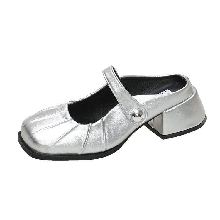 French High-end Silver Bag Head Half Slippers Women's 2025 New Versatile Outer Wear Lazy One Pedal Thick Heel Single Shoes